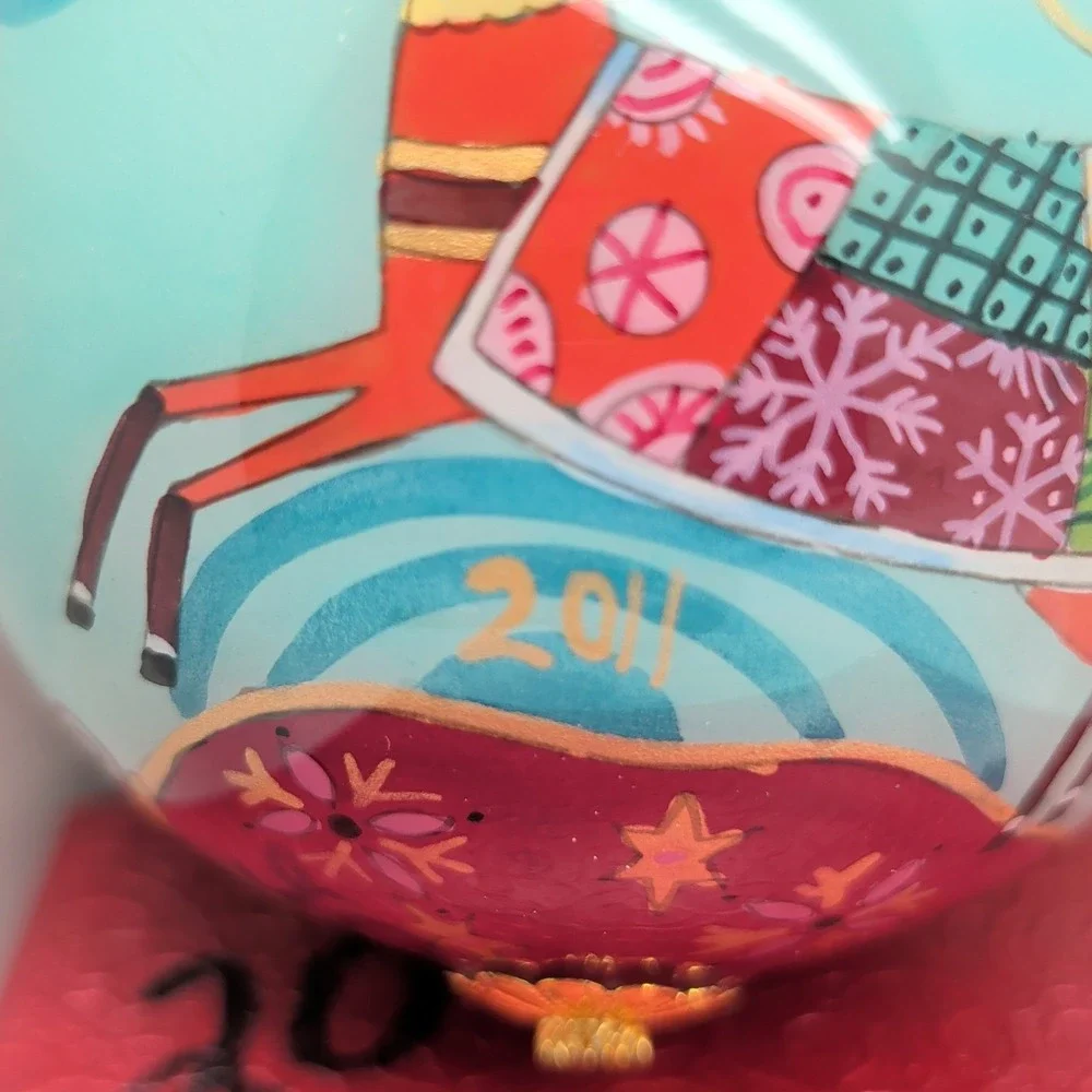Pier 1 Li Bien 2011 Santa Sleigh Reindeer Hand Painted Glass Christmas Ornament